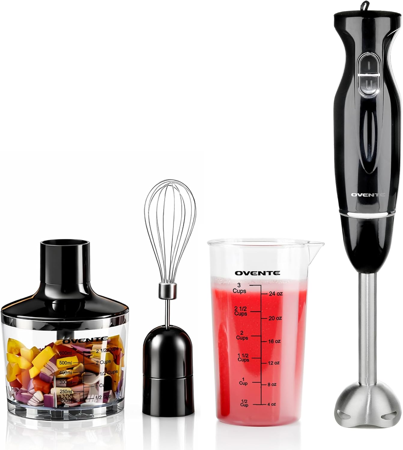 OVENTE Immersion Hand Blender Set, 300W Electric Handheld Stick Mixer, 2 Mixing Speeds with Stainless Steel Blades, Egg Whisk, Beaker & BPA-Free Food Chopper, Black HS565B