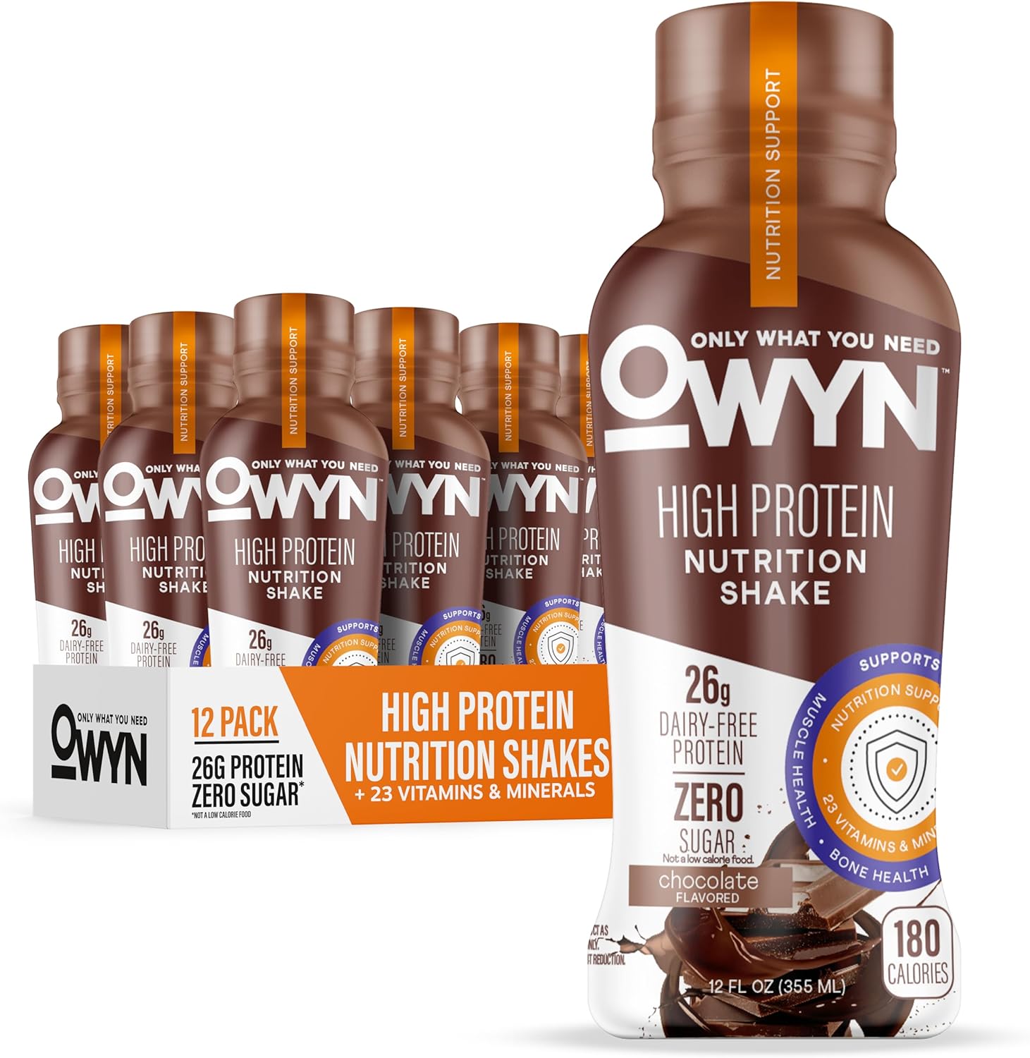 OWYN Only What You Need High Protein Shake, Chocolate Flavored, 26g Protein, 0g Sugar, 3g Fiber, Dairy Free, Plant Based Protein Drink, 12 Count