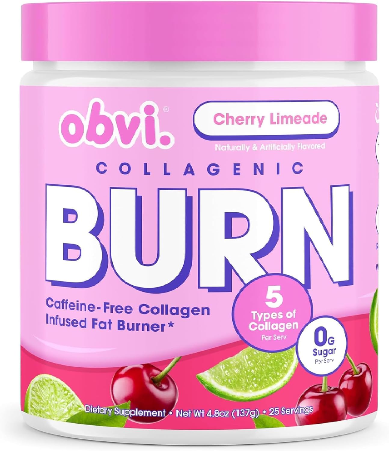 Obvi Collagenic Burn Powder | Collagen Peptide Blend with GBB, Ashwagandha & Green Coffee | Boosts Metabolism, Energy, and Wellness | Supports Skin, Hair, Nails, Joints | Cherry Limeade 25 Servings