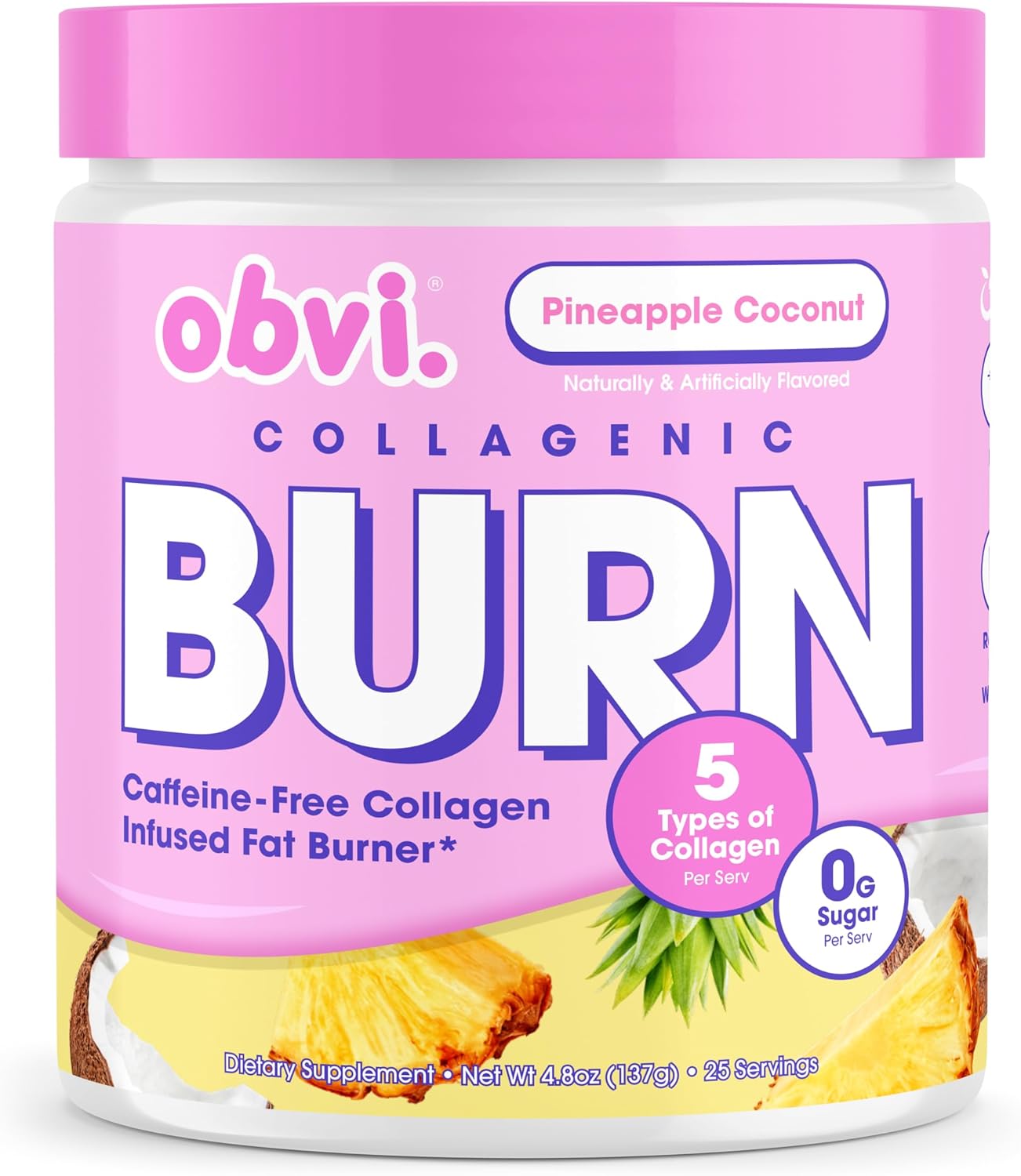 Obvi Collagenic Burn Powder | Multi-Collagen Peptide Blend with GBB, Ashwagandha & Green Coffee | Pineapple Coconut, 25 Servings