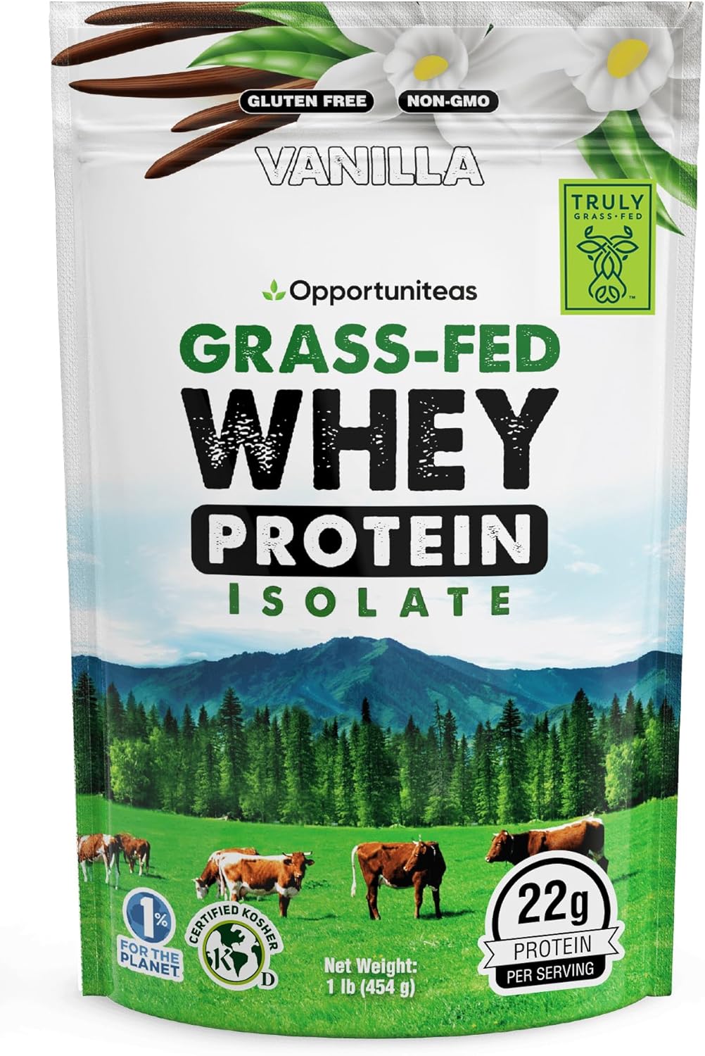 Opportuniteas Grass Fed Vanilla Whey Isolate Protein Powder – 22g Protein, Heavy-Metal Tested, Organic Cane Sugar & Organic Vanilla Flavor, Non-GMO, Hormone-Free, Sourced from Ireland, 1lb