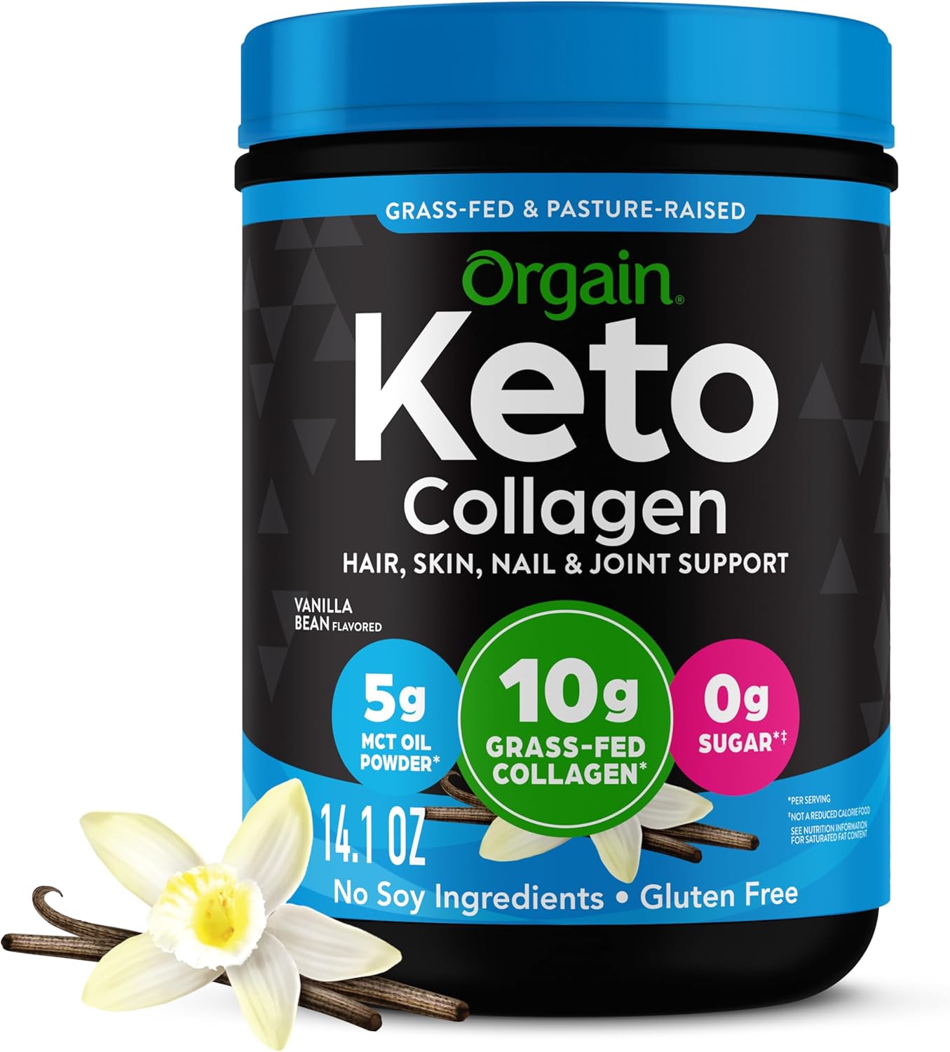 Orgain Keto Collagen Protein Powder, Vanilla – 10g Grass Fed Hydrolyzed Collagen Peptides for Women & Men, Type I & III, 5g MCT Oil – Hair, Skin, Nail, & Joint Support, Non-GMO, Gluten Free – 0.88lb