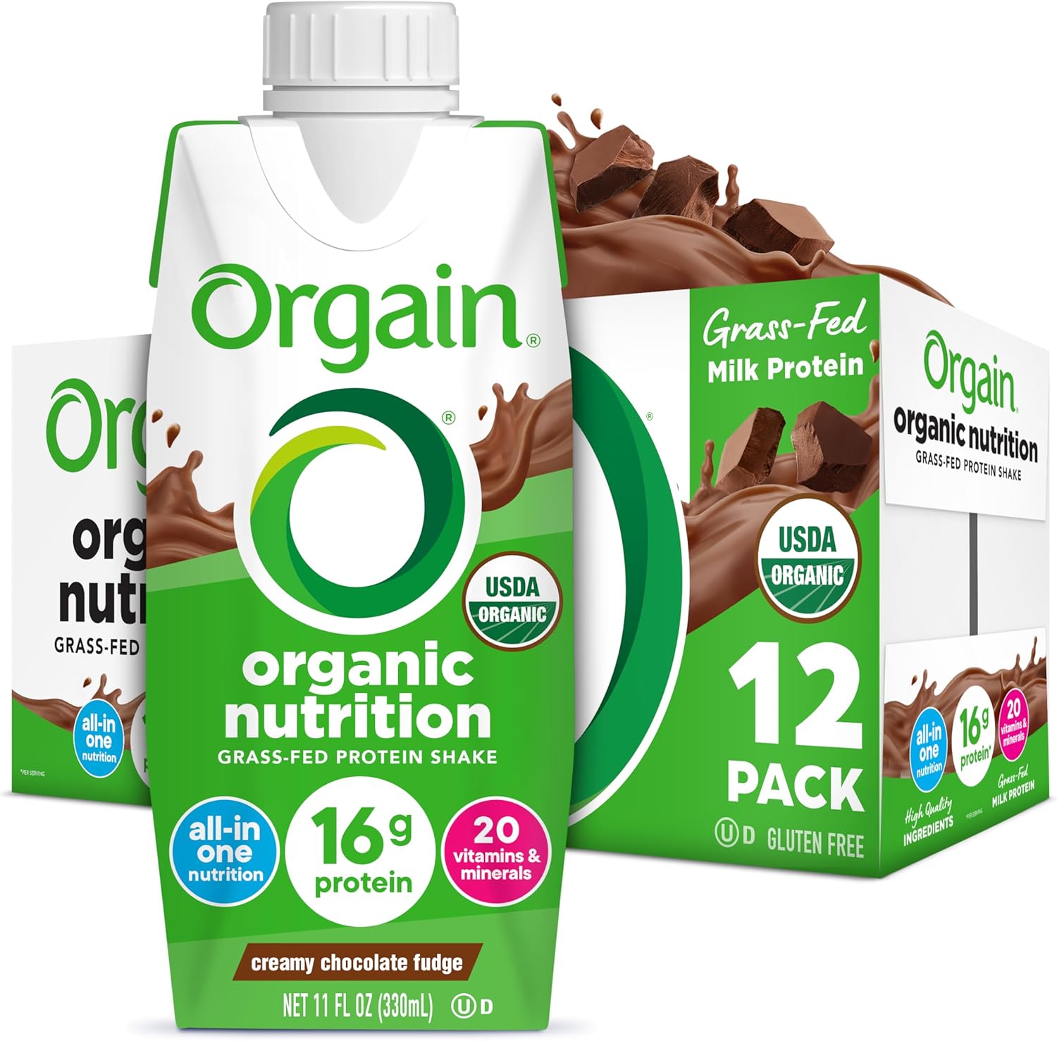 Orgain Organic Nutritional Protein Shake, Creamy Chocolate Fudge – 16g Grass Fed Whey Protein, Meal Replacement, 20 Vitamins & Minerals, Fruits & Vegetables, Gluten Free, Non-GMO, 11 Fl Oz (12 Pack)