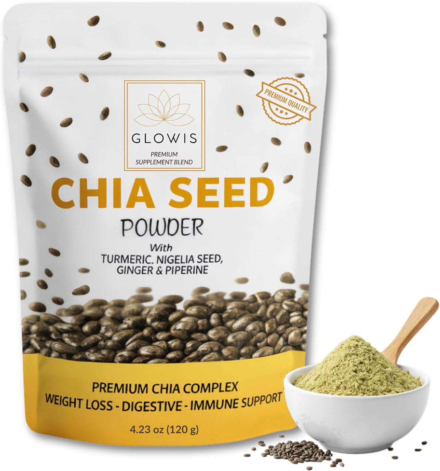Organic Ground Chia Seeds Powder — 5-in-1 Drink Mix with Turmeric, Ginger & Black Seed | Chia Seed Powder Organic | Fiber + Protein | Appetite & Digestive Support | 4.23 oz (20 Servings)