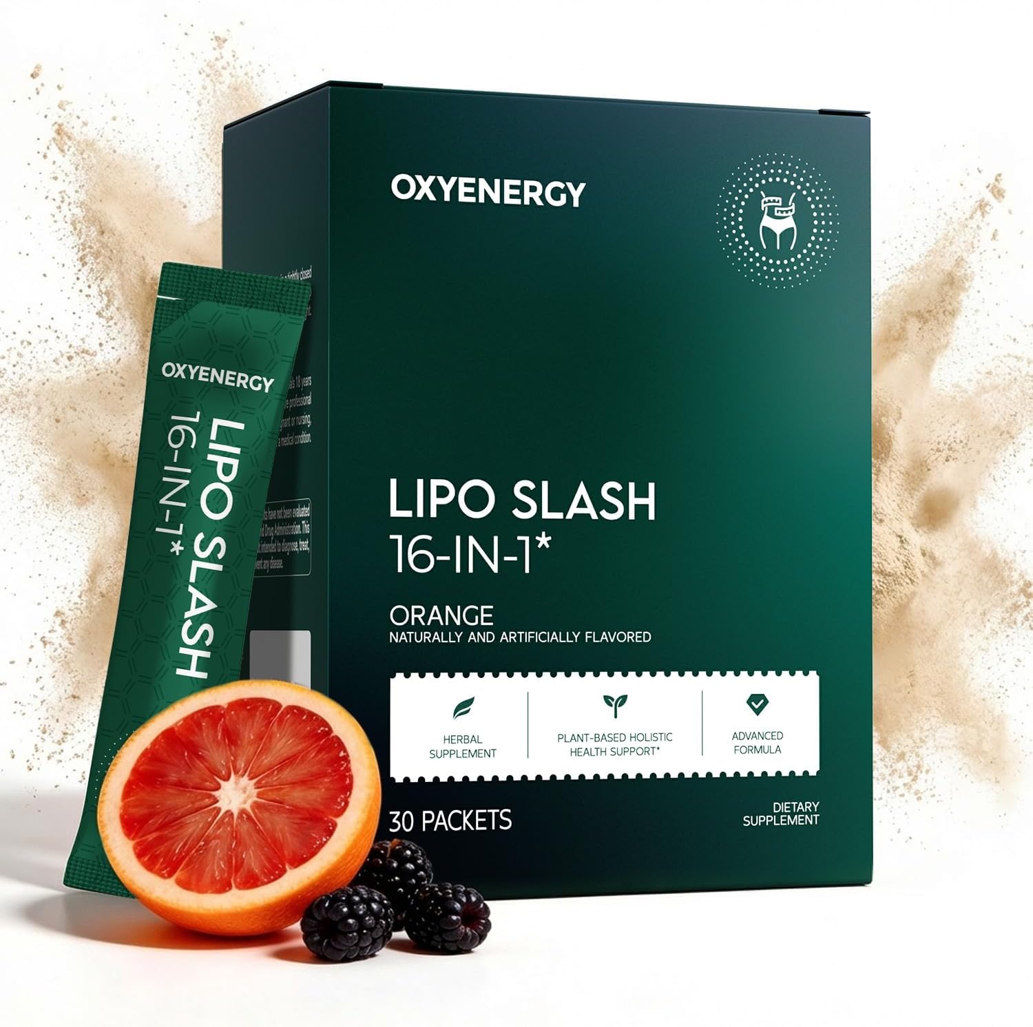 OxyEnergy LIPO Slash 16-in-1 Natural Weight Loss Supplement for Women and Men, Supports Gut Health, GLP-1 Activate & Weight Management, Vegan, Gluten-Free, Non-GMO, 30 Packets, Orange Flavor