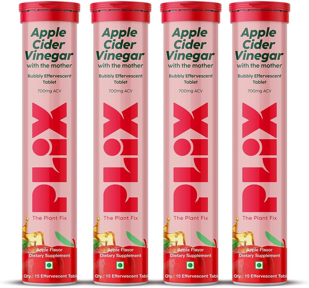 PLIX – THE PLANT FIX Apple Cider Vinegar 15 Effervescent Tablet, ACV with Mother for Weight Loss and Easy Digestion, Vitamin B6 & B12, Pack of 4 (Apple), 100% Vegan, Easy to Carry & Consume