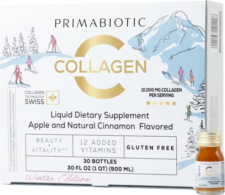 PRIMABIOTIC Liquid Collagen Winter Edition - High Collagen Content [10,000 Mg] Per Serving - Hydrolyzed Collagen and 12 Vitamins - Gluten Free- 450 Ml - Pack of 30 Bottles x 30 Ml