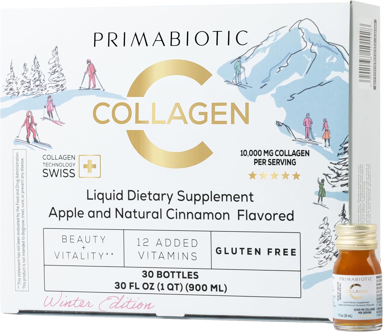 PRIMABIOTIC Liquid Collagen Winter Edition – High Collagen Content [10,000 Mg] Per Serving – Hydrolyzed Collagen and 12 Vitamins – Gluten Free- 450 Ml – Pack of 30 Bottles x 30 Ml