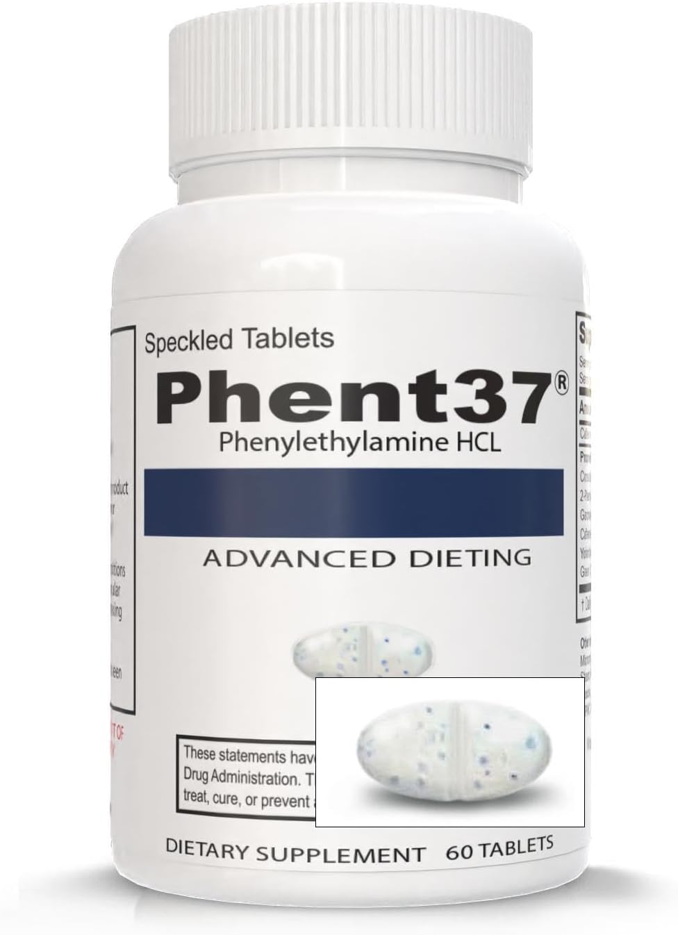 Phent37 (1 Bottle – 60 Speckled Tablets) – Advanced Phenylethylamine HCL Dietary Nutraceutical, Premium Small White and Blue Tablets, Boost Metabolism, Weight Management for Men and Women
