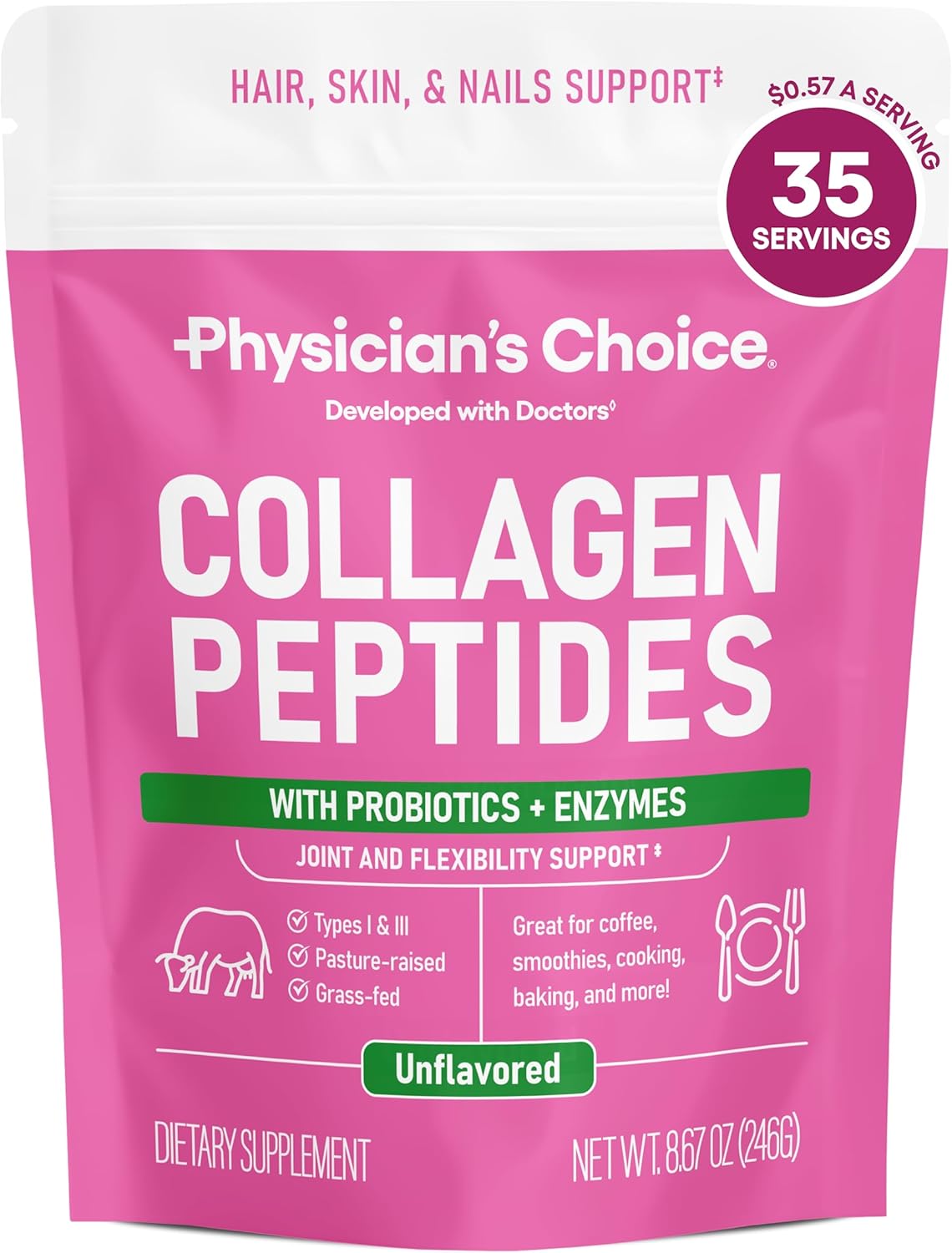 Physician’s CHOICE Collagen Peptides – Hydrolyzed Protein Powder for Hair, Skin, Joints – Grass Fed, Non-GMO