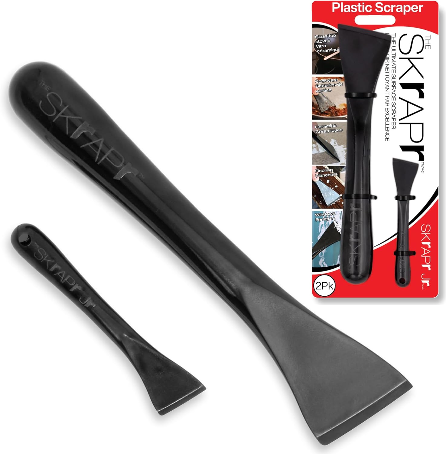 Plastic Scraper Tool, 2 Pack, Non-Scratch, 1.7 Inch Wide Blade, Long Ergonomic Handle, Heat Resistant (460F), Dishwasher Safe – Clean Ovens, Countertops, Hard Floors, Walls, and Windows