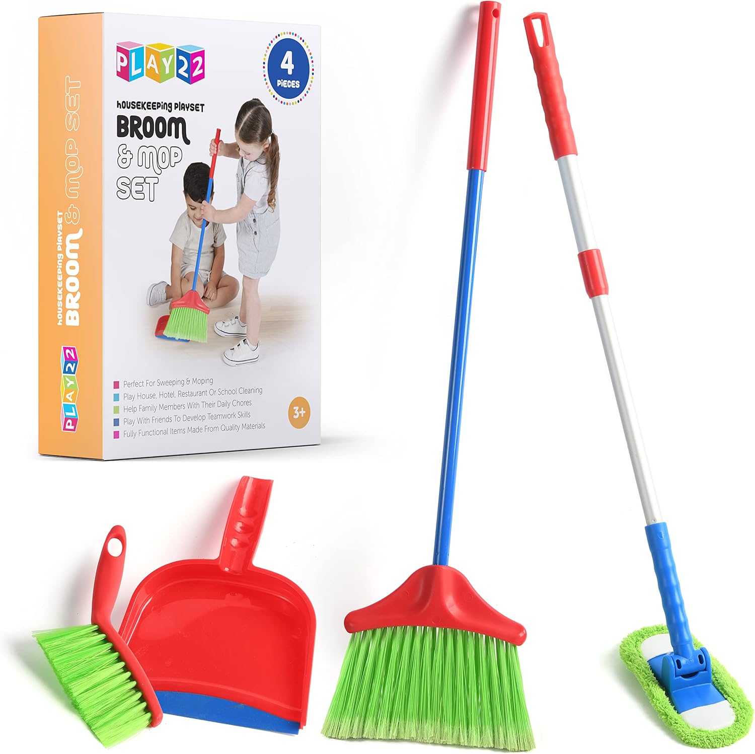 Play22 Kids Cleaning Set 4 Piece – Toy Cleaning Set Includes Broom, Mop, Brush, Dust Pan – Toy Kitchen Toddler Set is A Great Toy Gift for Boys & Girls