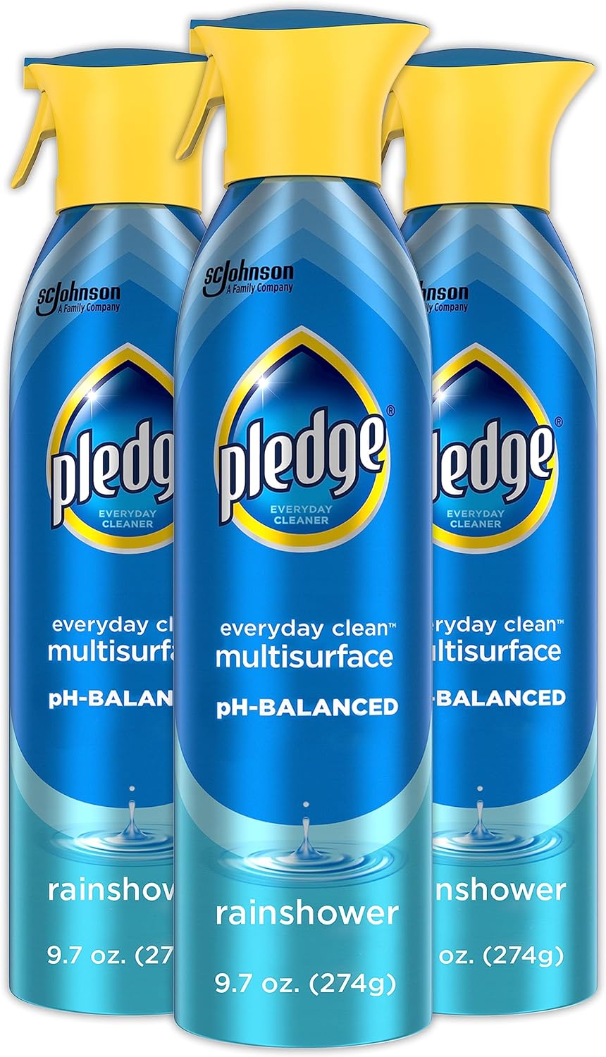 Pledge pH-Balanced Multisurface Spray, Gently Clean 101 Surfaces, Remove Dust and Messes, No Residue – Rainshower Scent, 9.7oz, Pack of 3