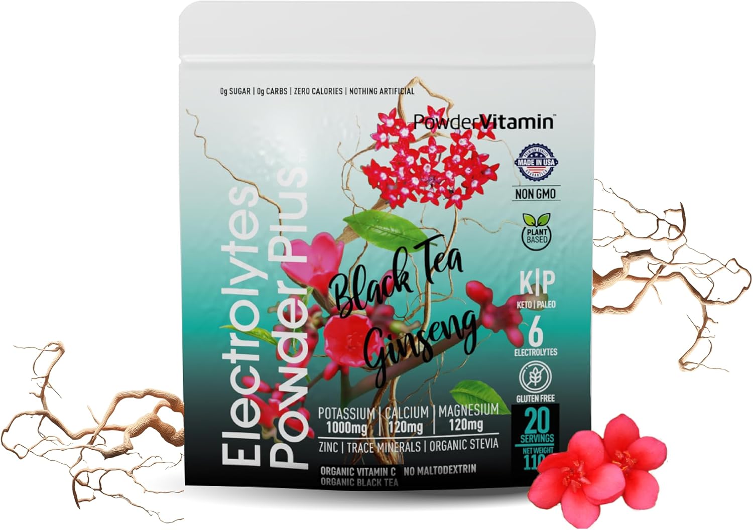 PowderVitamin Electrolytes Powder Plus (20 Servings) Black Tea Ginseng Electrolyte Powder Keto, Sugar Free, Pink Himalayan Salt,1000mg Potassium,120mg Calcium,120mg Magnesium, Hydration Powder