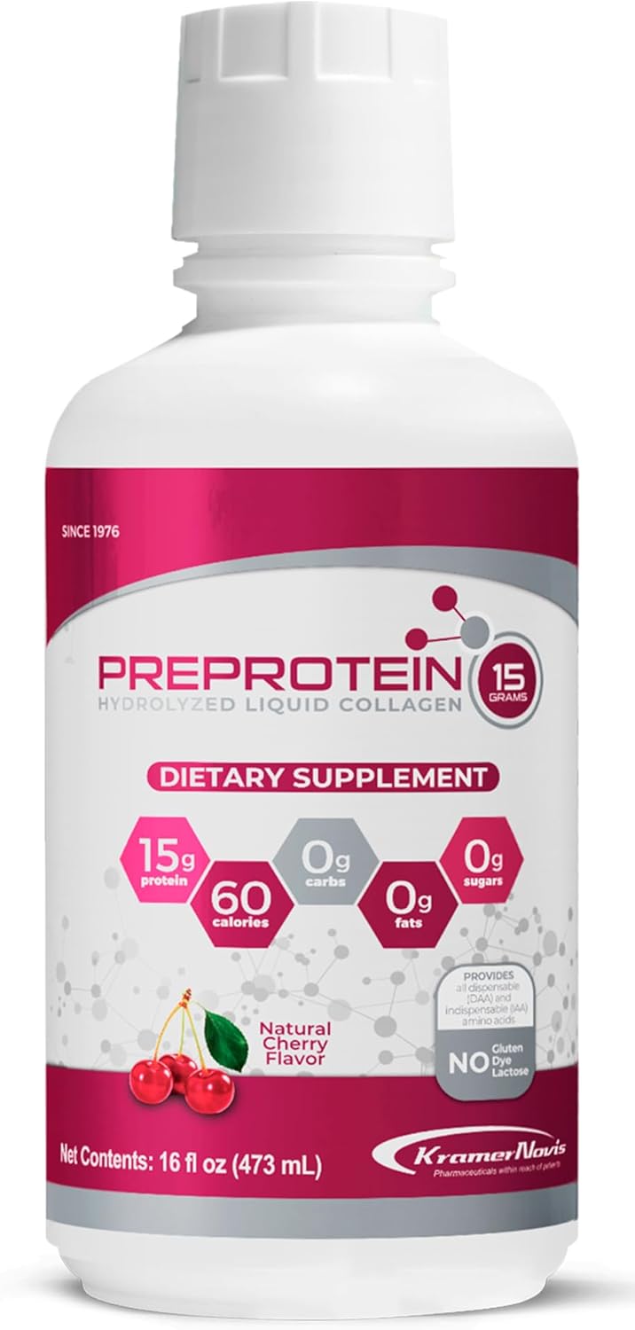 PreProtein 15 Liquid Hydrolyzed Collagen Peptides – Sugar Free Cherry Flavor Drink – 15g Protein Amino Acid Supplement for Bariatric Recovery, Joint Support & Wound Care – 16oz