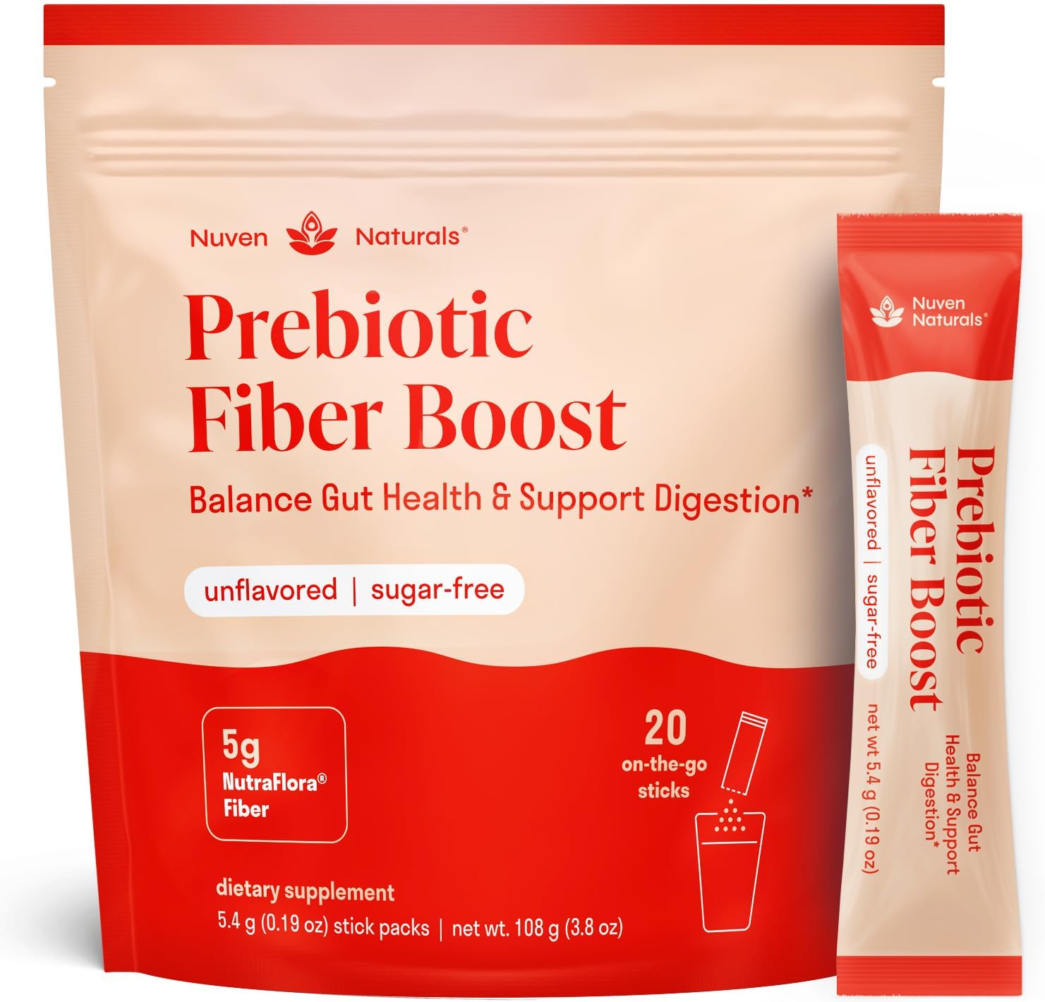 Prebiotic Fiber Powder – Unflavored & Sugar Free | 20 Sticks / Servings | Fiber Supplement to Support Digestive Regularity, Gut Health, Bloating & Immune Support – Soluble Prebiotic Powder Daily