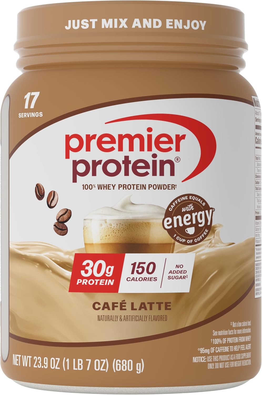Premier Protein Powder, Café Latte, 30g Protein, 95mg Caffeine for Energy, No Added Sugar, 100% Whey Protein, Keto Friendly, Soy & Gluten Free, 23.9 oz (17 Servings)