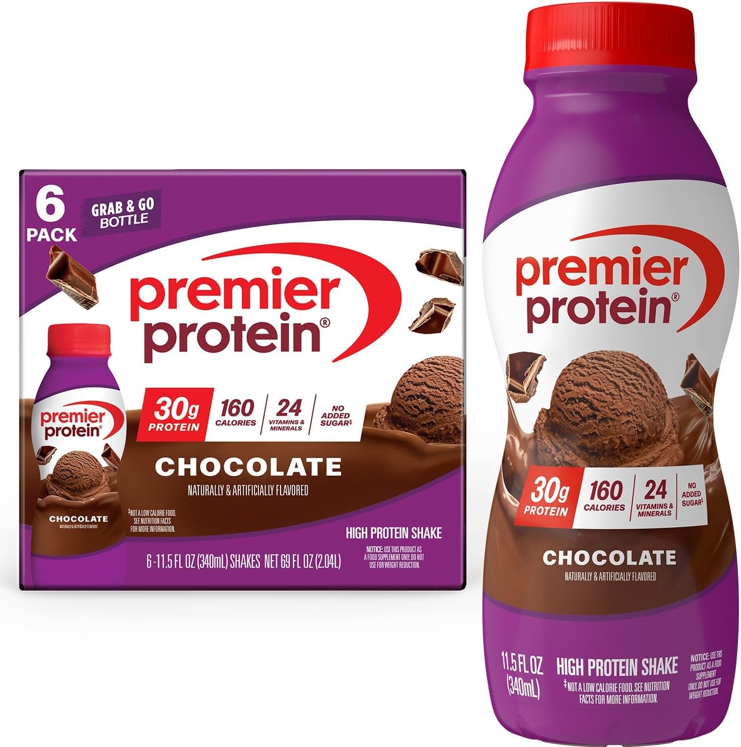 Premier Protein Shake, Chocolate, 30g Protein, No Added Sugar, 24 Vitamins & Minerals to Support Immune Health, 11.5 fl oz, 6 Pack