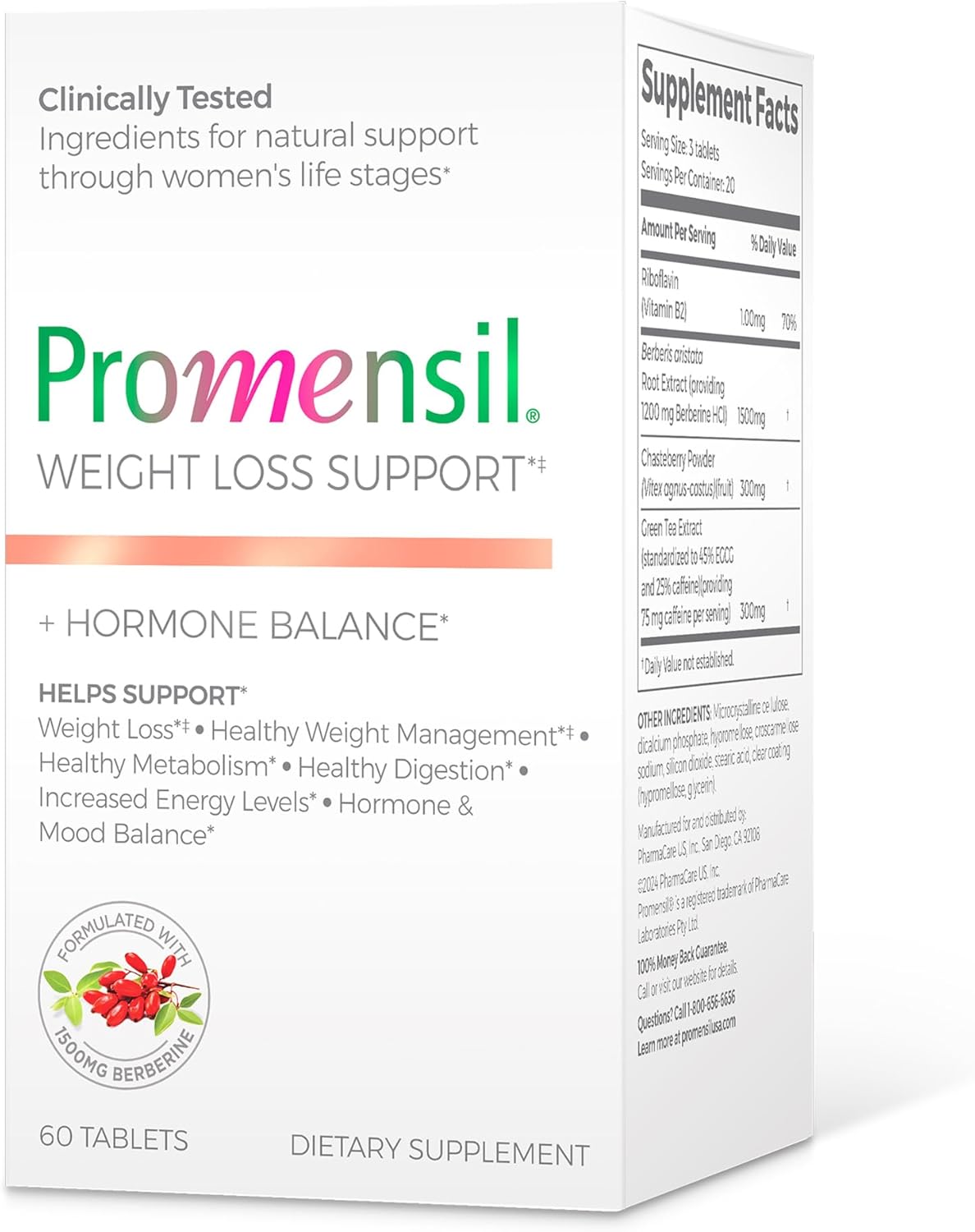 Promensil Weight Loss Support – Berberine HCL Supplement for Women, Healthy Weight Management, Metabolic Health with ECGC Green Tea Extract, 1500mg Berberine Per Serving – 60 Tablets