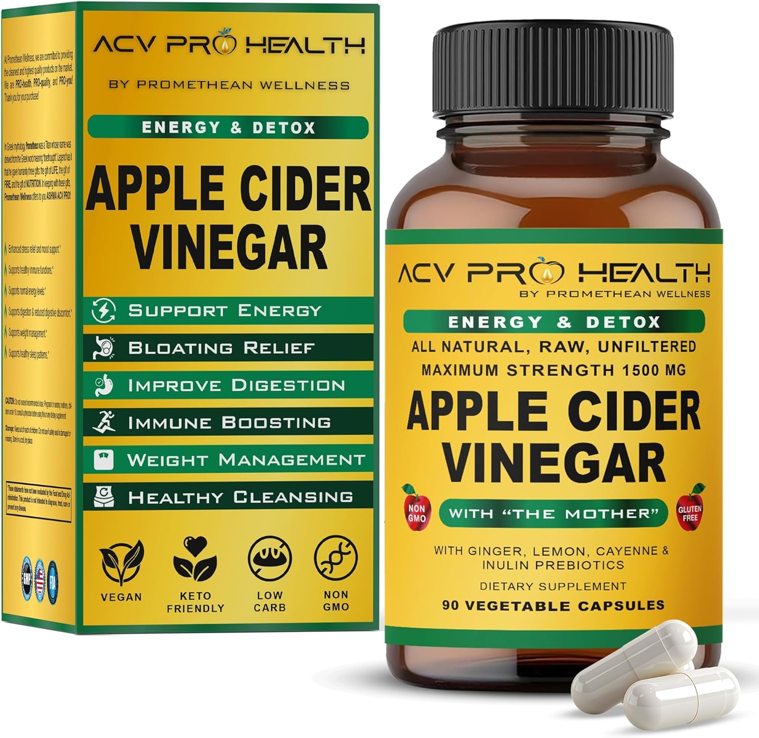 Promethean Wellness ACV Pro Apple Cider Vinegar Capsules Certified Organic with Mother ACV Pills Detox Cleanse Acid Reflux Relief Support Supplement Ginger Root Cayenne Pepper Powder (90 Count)