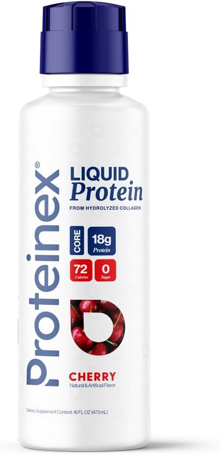 Proteinex Core Liquid Collagen Peptides, 18g Protein per Serving | Doctor Recommended | Supports Recovery & Wound Healing | Zero Sugar, Zero Carbs, Ready to Drink | (Cherry, 16 Fl Oz)