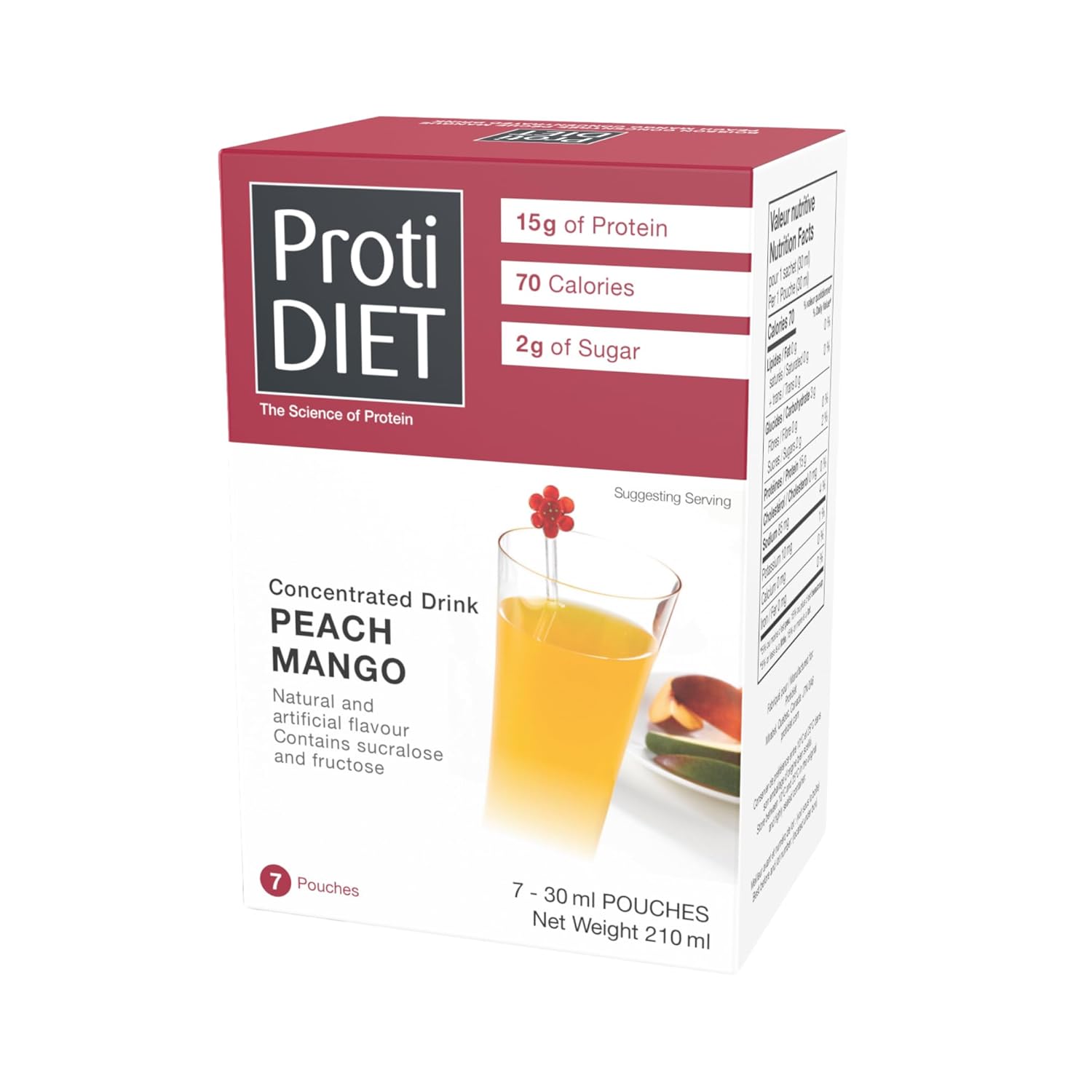 ProtiDIET Peach Mango Concentrated High Protein Drinks – Fat Free, Low Sugar Nutritional Drinks – Easy-to-Mix On-the-Go Concentrated Protein Juice – 7 Packets Per Box