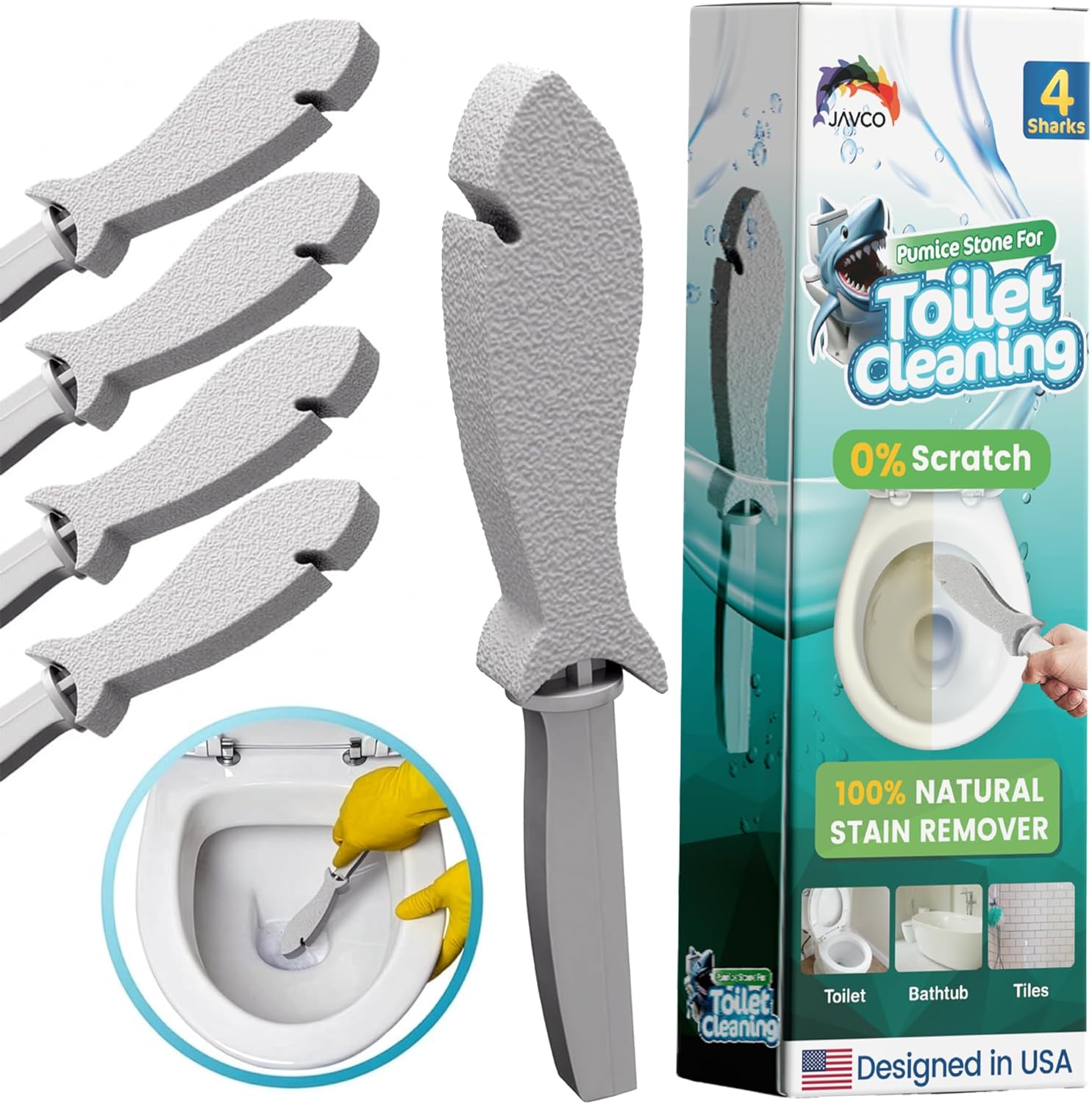 Pumice Stone for Cleaning with Handle (4 Pack) – Scrubbing Stone for Porcelain, Ceramic and Tile, Pumiceshark for Toilet Cleaning (4, Value Pack)