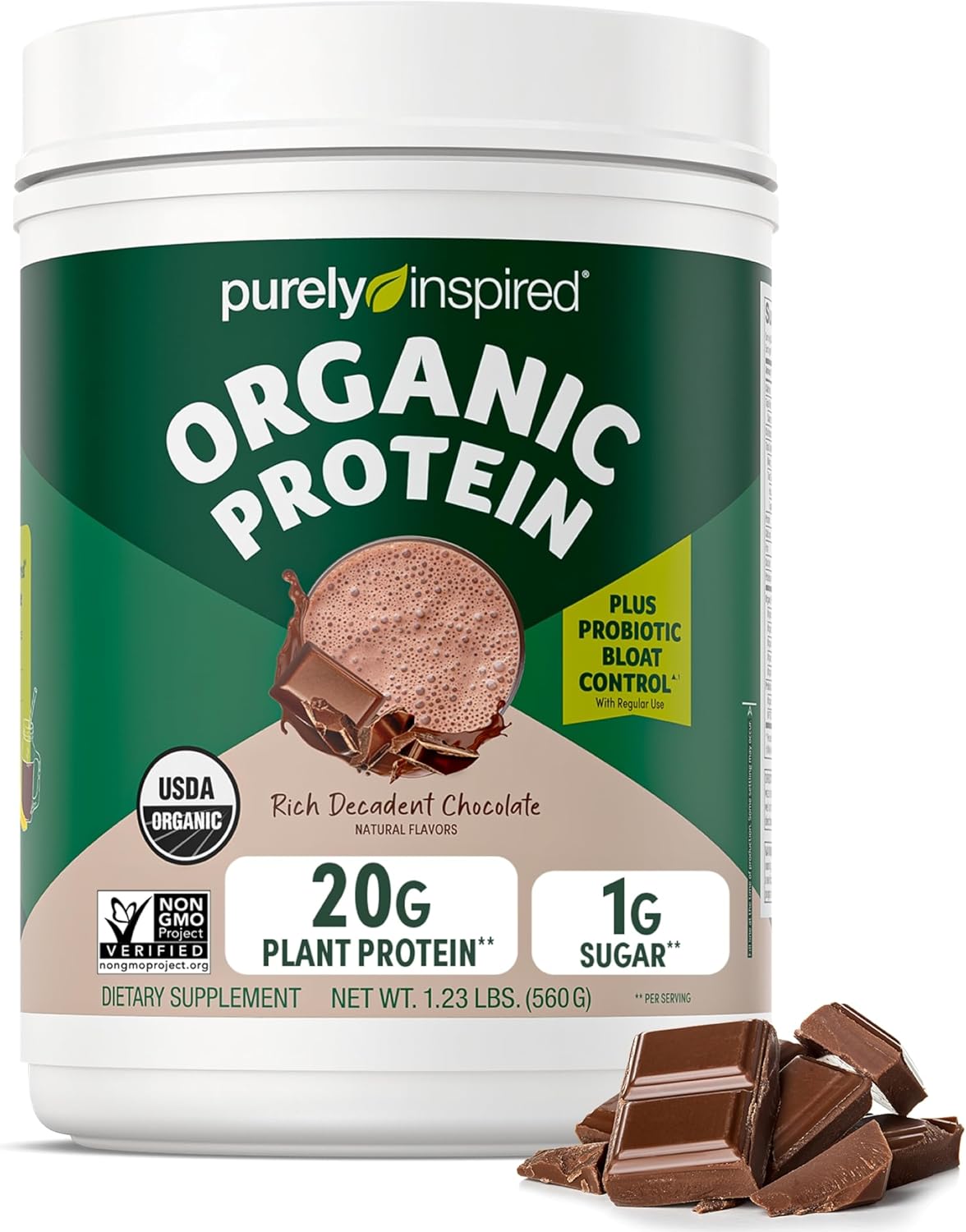 Purely Inspired Plant-Based Protein Powder for Men & Women, Rich Decadent Chocolate (16 Servings) – Vegan & Organic – 20g of Pea Protein Powder for Smoothies & Shakes – Dairy-Free, & Gluten-Free