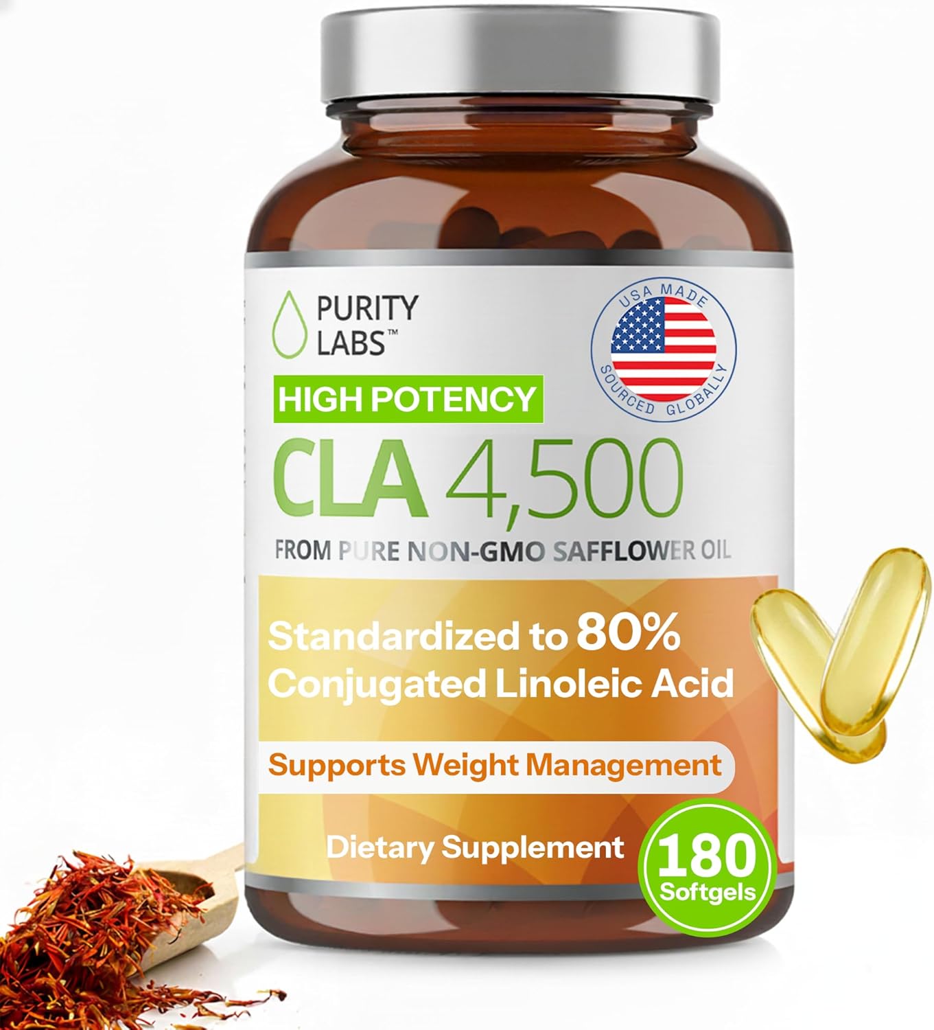 Purity Labs CLA Supplements 4500MG – Non-GMO Safflower Oil – Supports Energy, Weight Loss, Heart Health, and Muscle Health – 180 Soft gels
