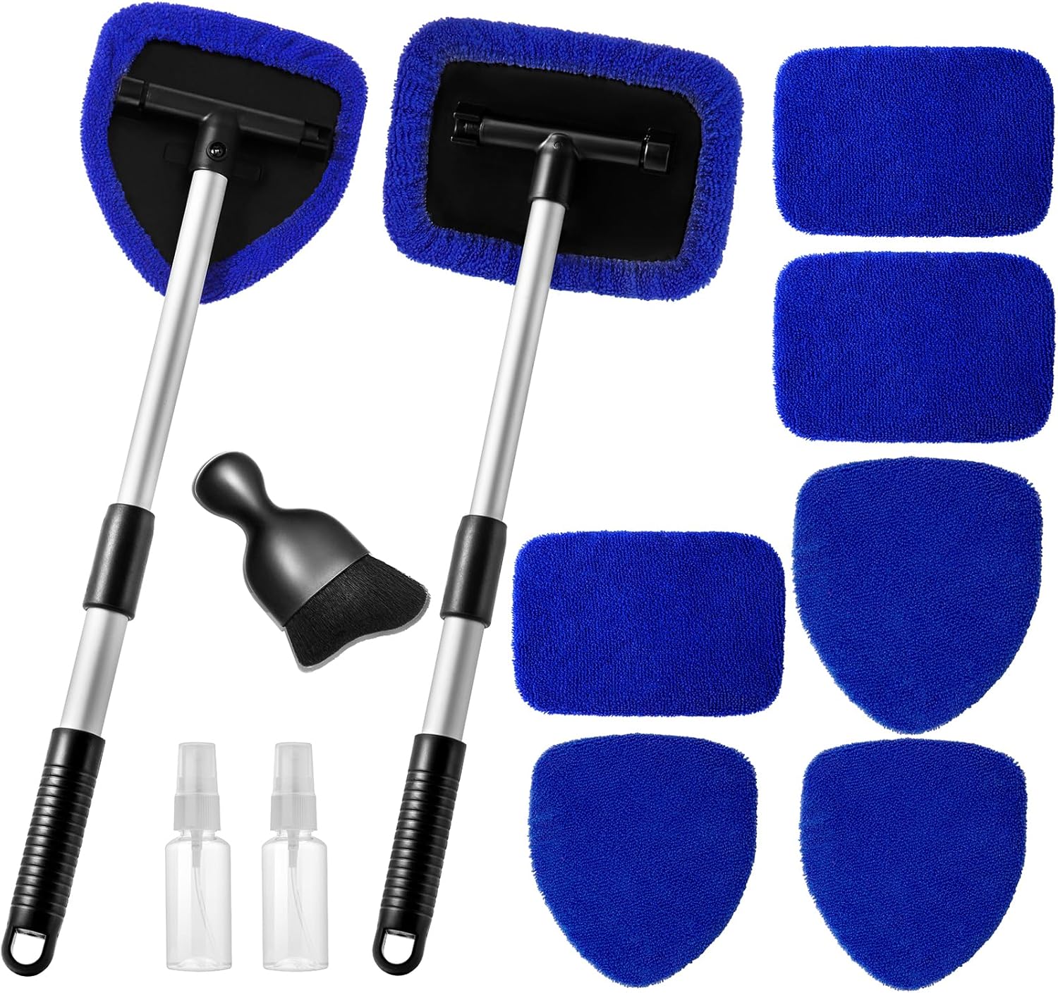 Qydipclin 11pcs Windshield Cleaner Tool, Car Window Cleaning Wash Kit with 6 Reusable Microfiber Pads 2 Spray Bottles and Extendable Handles Auto Glass Wiper Kit, Blue
