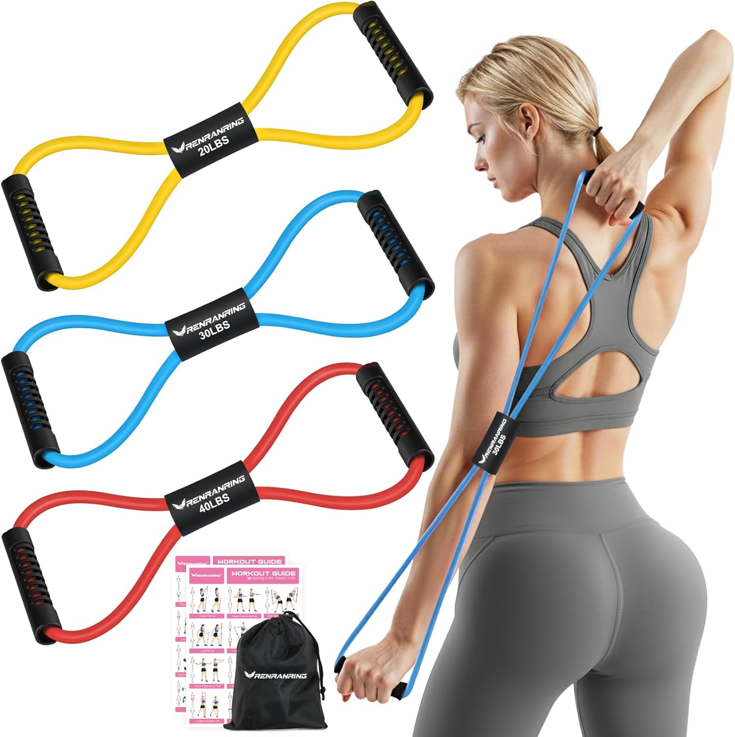 RENRANRING Figure 8 Fitness Resistance Bands with Handles – Exercise Tube Band Set of 3 for Arm and Shoulder Stretch, Rope 8 Word Elastic for Women and Men