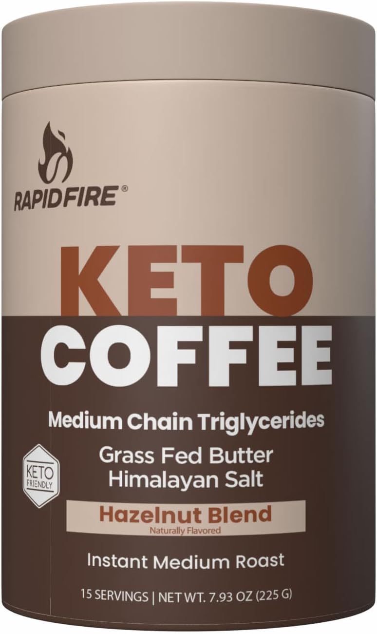 Rapid Fire Hazelnut Instant Coffee with MCT Oil & Grass-Fed Butter – Energy, Focus & Metabolism Support – Low Sugar Functional Coffee Mix – Keto & Low-Carb Friendly – 15 Servings