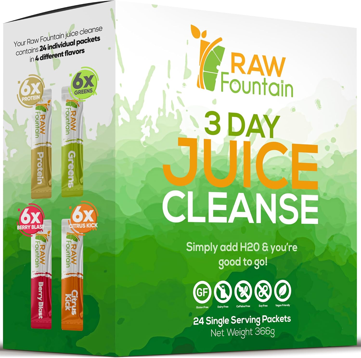 Raw Fountain 3 Day Juice Cleanse Detox, 24 Powder Packets, Travel and Vegan Friendly, 4 All Natural Flavors, Includes Protein (3 Day)