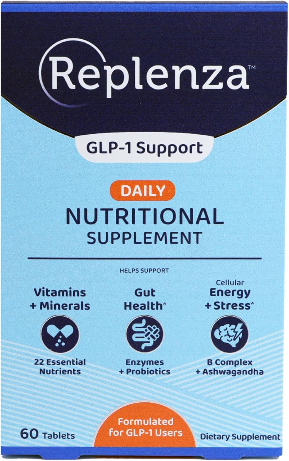 Replenza Daily GLP-1 Nutritional Support Supplement, Essential Vitamins and Minerals, Support for Gut Health, Stress and Cellular Energy – 60 Tablets