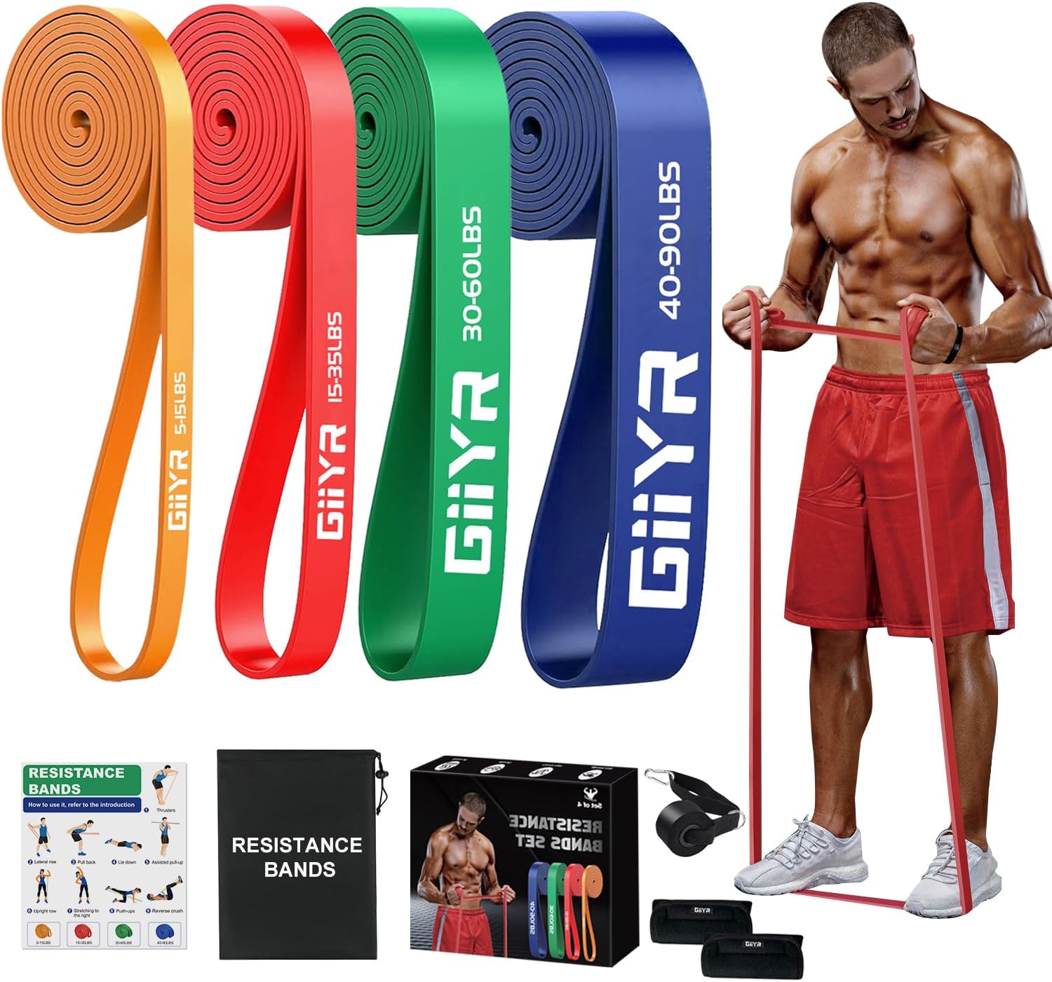 Resistance Bands Set for Men & Women – 4 Levels Exercise Band with Door Anchor, Pull Up Bands for Strength Training, Stretching, Powerlifting, Home Workouts