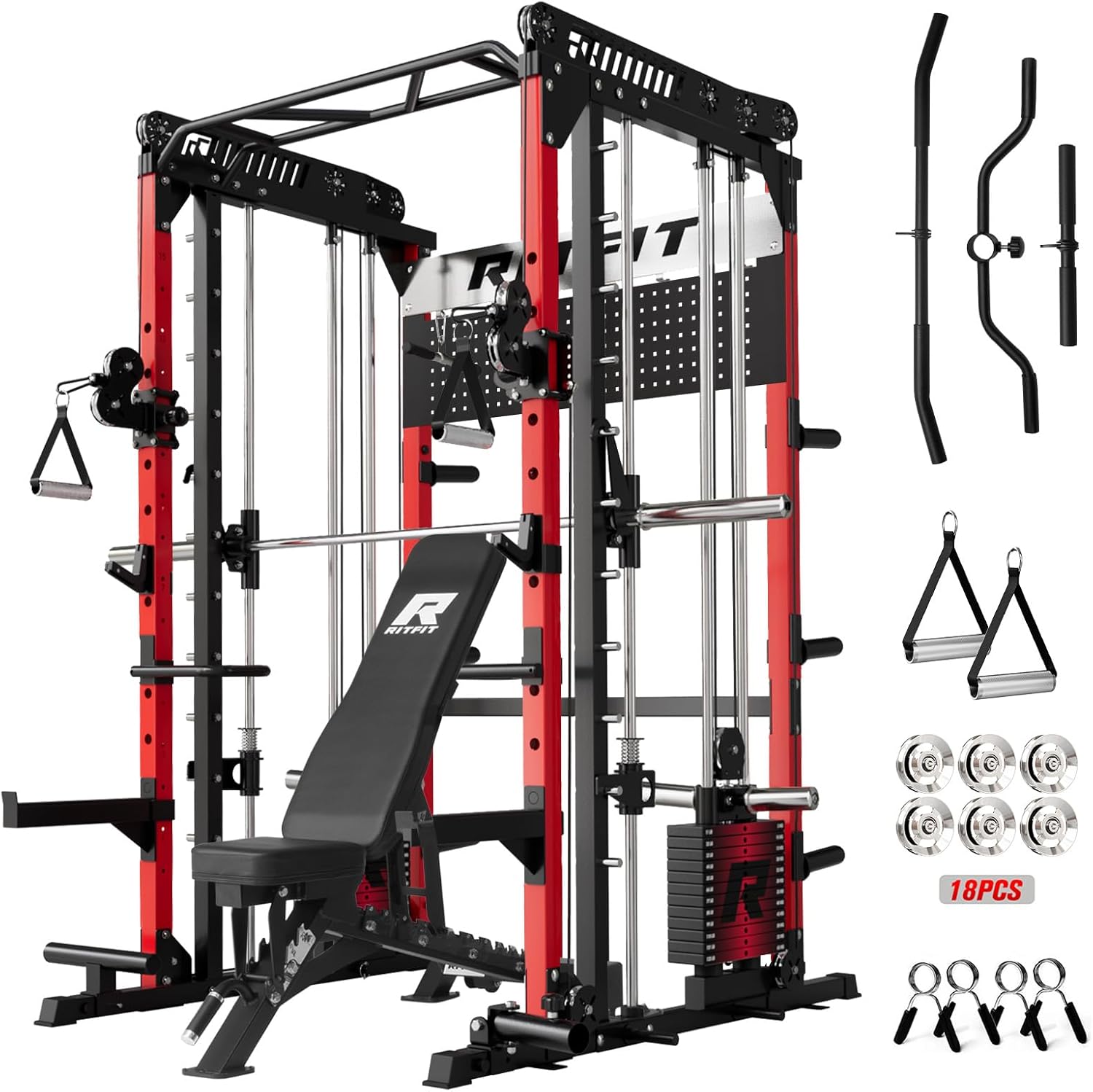 RitFit M1 Pro Smith Machine Package, All-in-One Power Cage with Weight Stack Set, Includes LAT Pulldown & Cable Crossover System for Home Gym