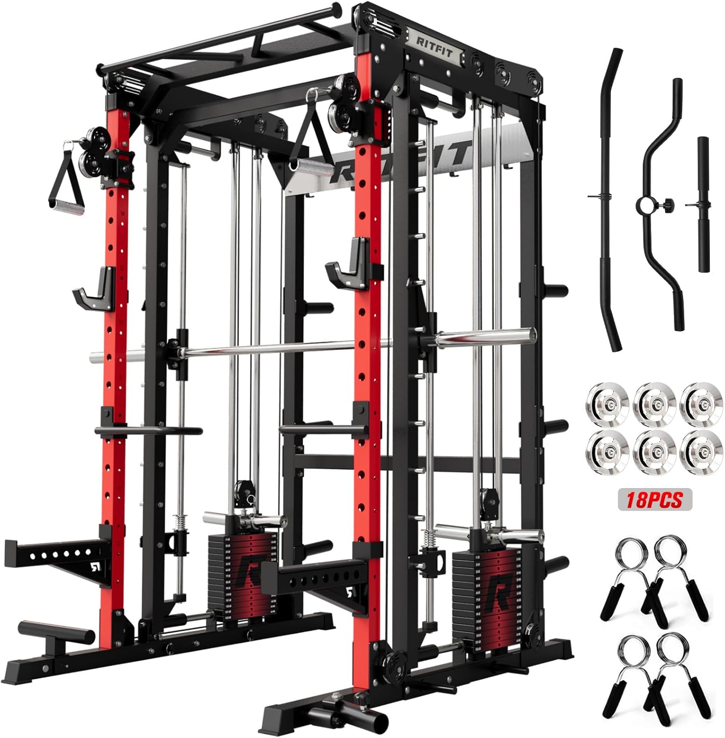 RitFit M2 Smith Machine with Cable Crossover System, 3D Functional Trainer & Power Cage, 16 Adjustment Holes, 6 Storage Pegs for Full-Body Home Gym