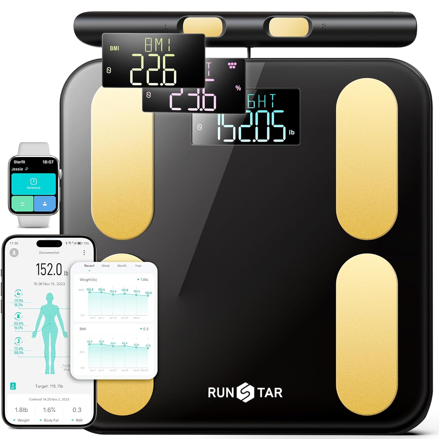 RunStar Scale for Body Weight and Fat, BMI Muscle Mass to 28 Body Composition, FSA&HSA Eligible Digital Bathroom Scales 8-Electrode with Voice Prompt High Accurate Bluetooth Weight Scale, Gold