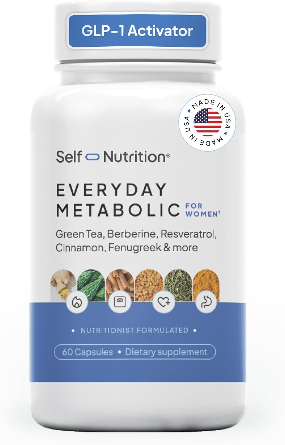 SELF NUTRITION GLP-1 Natural Supplement for Women – Third-Party Tested – Metabolism & Appetite Support with Berberine, Green Tea, Cinnamon & Resveratrol – Weight Management Supplement. Made in USA.