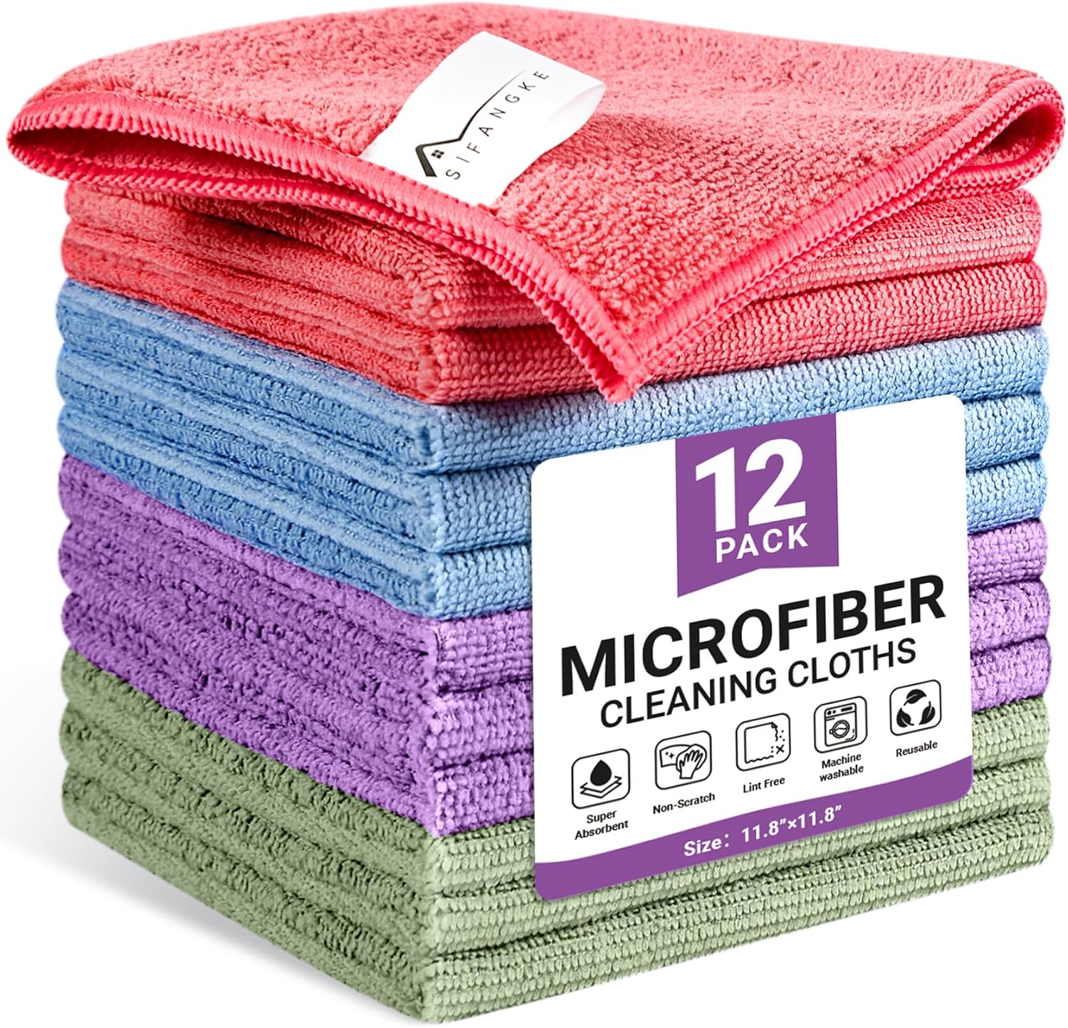 SIFANGKE Microfiber Cleaning Cloth, 12 Pack Assorted Color Cleaning Rags for Housekeeping, Colorful Reusable Microfiber Towels for Car, Kitchen, Bathroom and Household Cleaning Supplies, 11.8″X11.8″