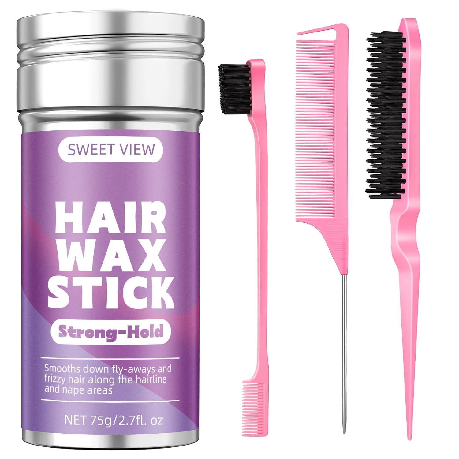SWEET VIEW Hair Wax Stick & Slick Back Hair Brush for Tame Flyaways, Frizz, Sleek Ponytails, Buns | Pomade/Balm/Gel Stick for Woman, Styling Accessories for Girls