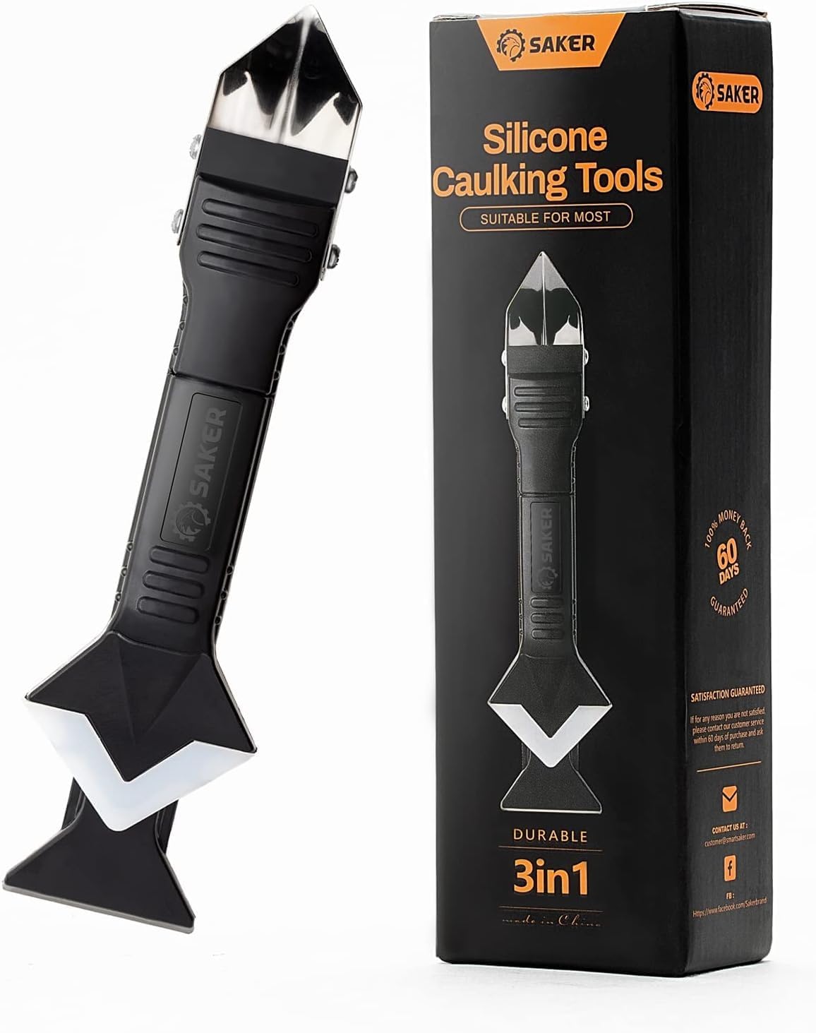 Saker Silicone Caulking Tool 3-in-1 Grout Removal Tool and Sealant Finishing Scraper with Stainless Steelhead, Caulk Remover and Seam Repair Kit for Bathroom, Kitchen, Floor, Window and Sink Joints