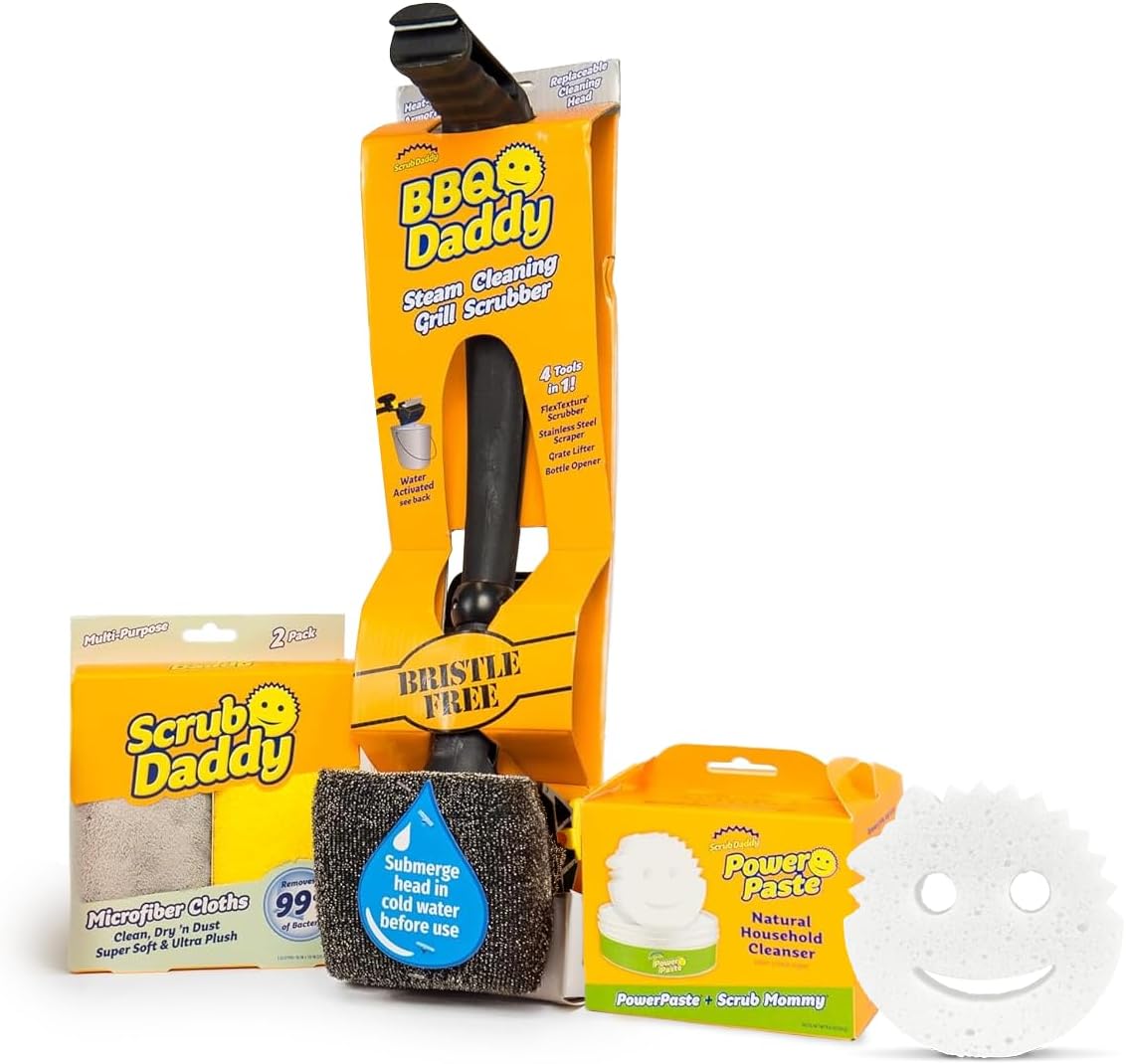 Scrub Daddy Household Cleaning + BBQ Bundle – BBQ Daddy Bristle Free Grill Brush – 2 Microfiber Cleaning Towels – All Purpose Cleaner PowerPaste Cleaning Paste + Scrub Mommy Sponge