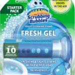 Scrubbing Bubbles Fresh Gel Toilet Bowl Cleaning Stamps, Helps Keep Toilet Clean and Helps Prevent Limescale & Rings, Rainshower Scent, 1 Dispenser with 6 Fresh Gel Stamps