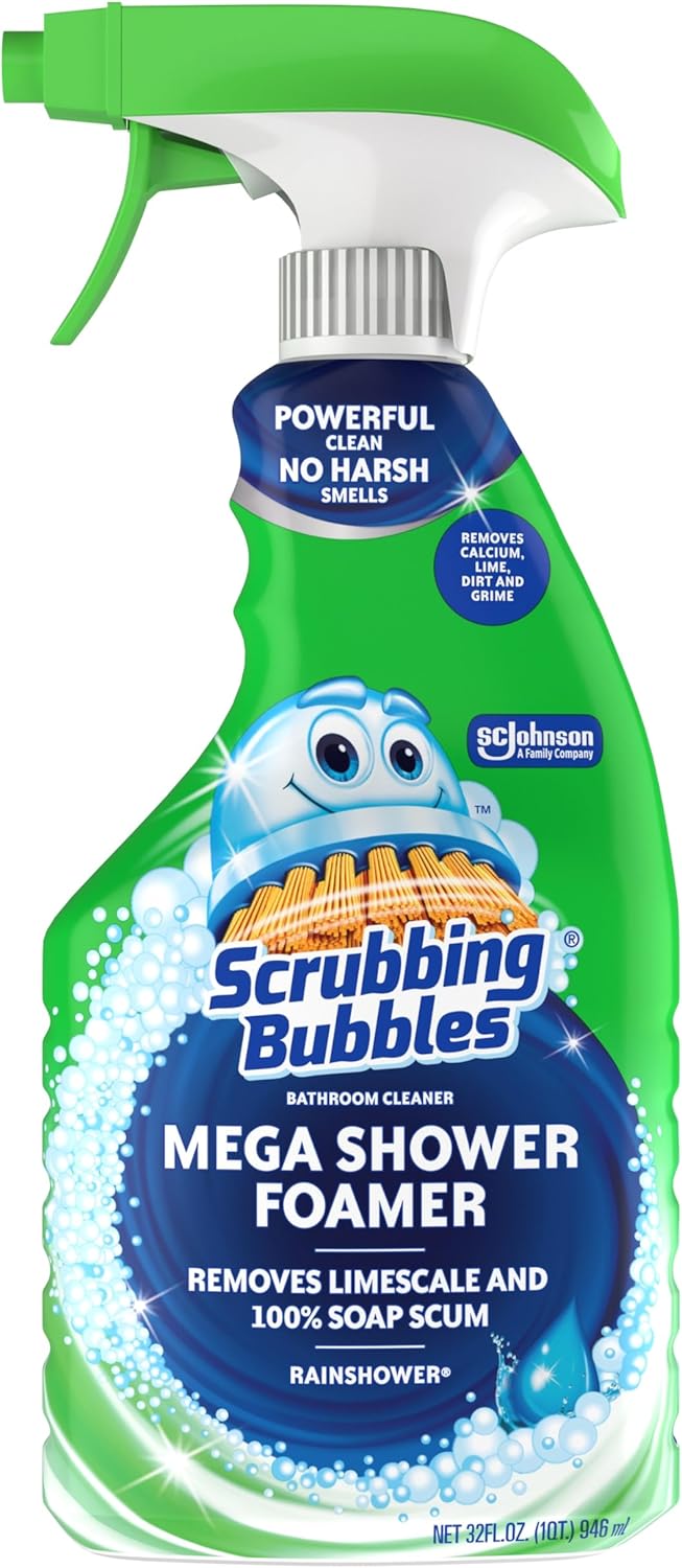 Scrubbing Bubbles Mega Bathroom and Shower Cleaner Spray, Foaming Action Removes Limescale and Soap Scum, Rainshower Scent, 32oz