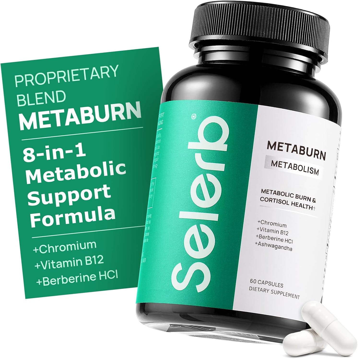 Selerb Metaburn Weight Loss Pills for Women & Men – Appetite Suppressant & Fat Burner, Metabolism Support Weight Loss Supplement with Berberine, Chromium, Green Tea & B12-60 Capsules