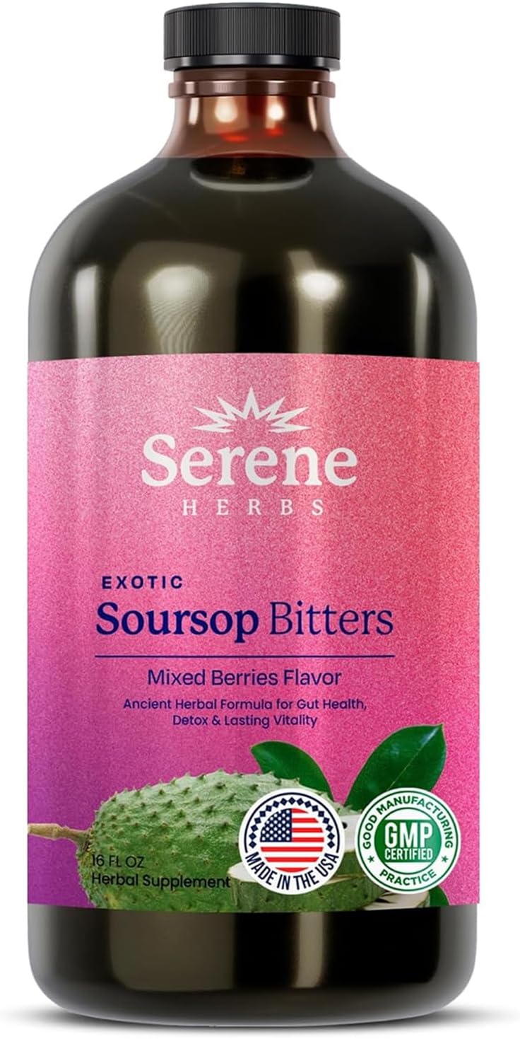 Serene Herbs Soursop Bitters Liquid with Soursop Leaves for Gut Cleanse, Detox & Immune Boost with Black Seed, Moringa, Irish Moss, Ashwaganda, Turmeric, 16 fl oz (16 Fl Oz (Pack of 1), Mixed Berry)