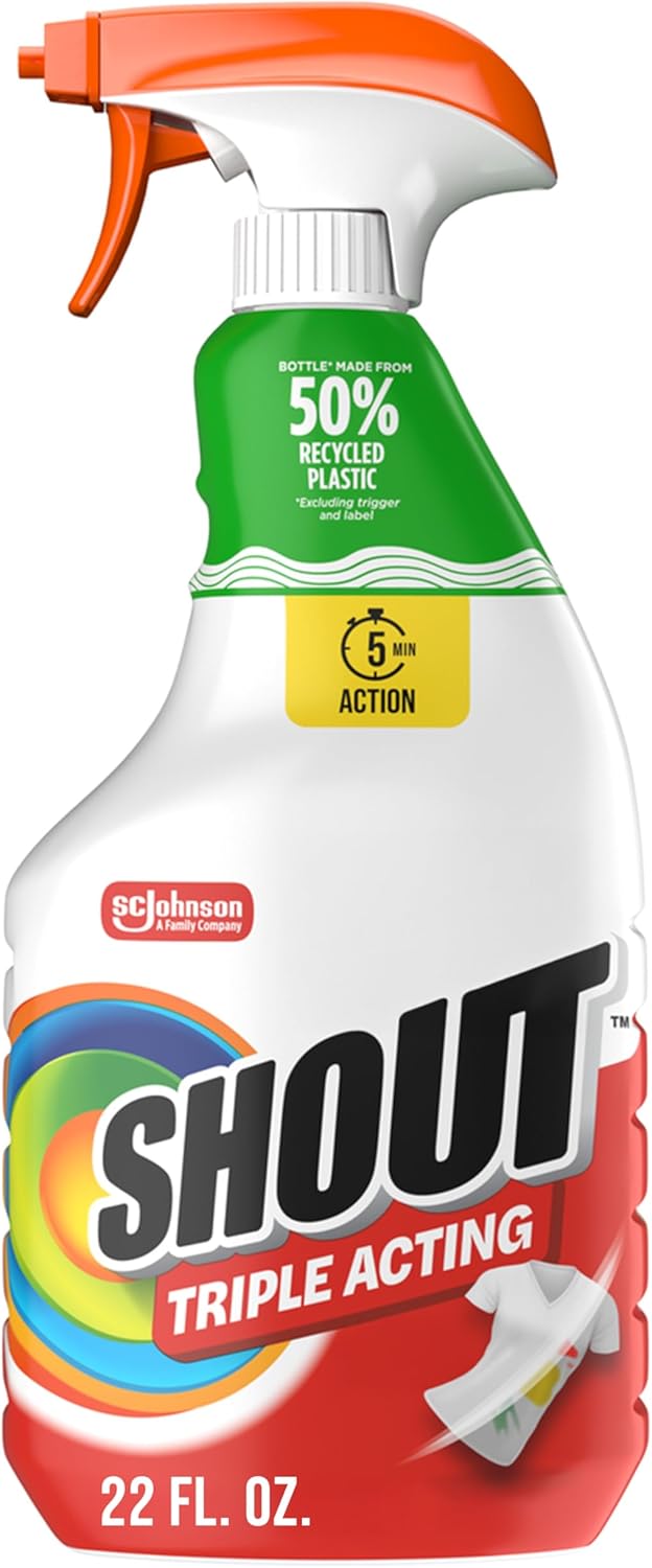 Shout Active Enzyme Laundry Stain Remover Spray, Triple-Acting Formula Clings, Penetrates, and Lifts 100+ Types of Everyday Stains – Prewash Spray 22oz