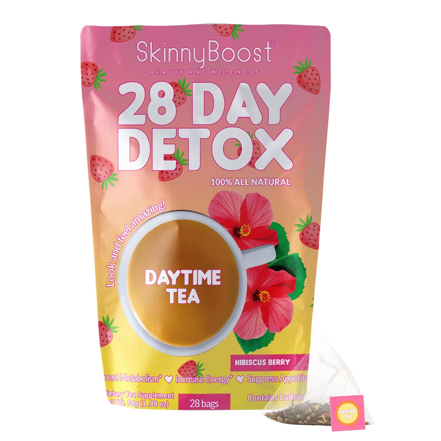 SkinnyBoost 28 Day Detox Daytime Tea -HIBISCUS BERRY (28 Tea Bags) Supports Metabolism Boost, Detox, Antioxidants, Energy, Digestion, Non GMO, Vegan, Keto Friendly
