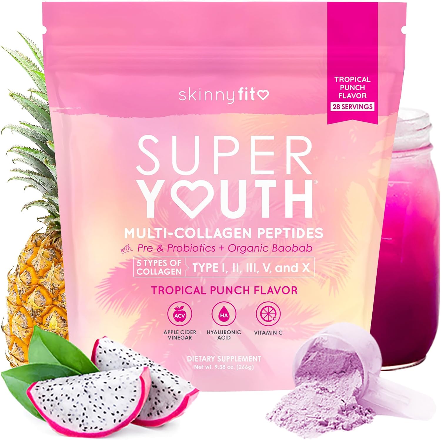 SkinnyFit – Super Youth Collagen for Women – Multi Collagen Peptides Powder – Probiotics, Fiber, Hyaluronic Acid – Non GMO, Gluten Free, Sugar Free – Beauty & Self Care – Tropical Punch (28 Servings)
